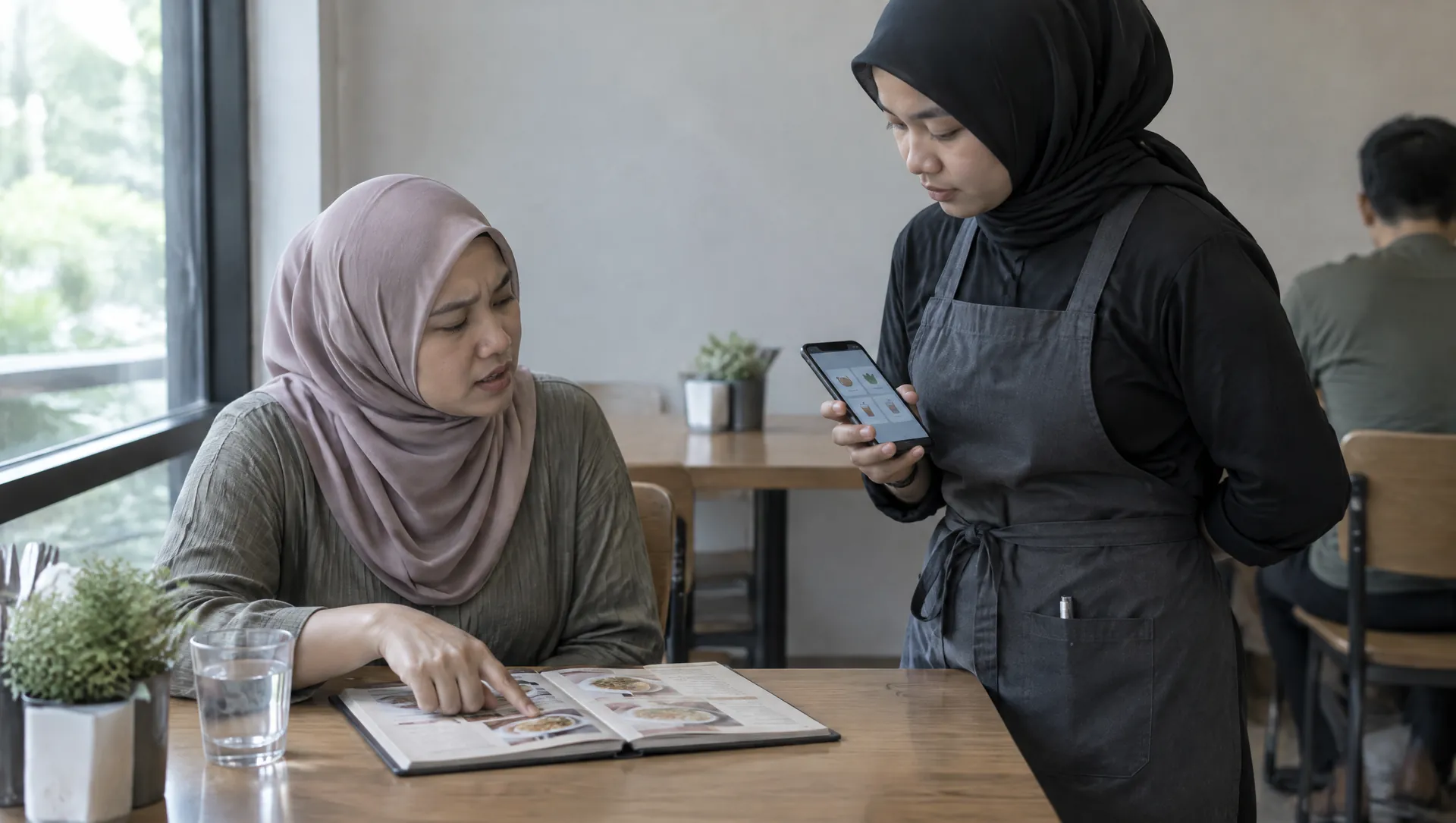 A server checking the allergen card on her phone before answering a guest