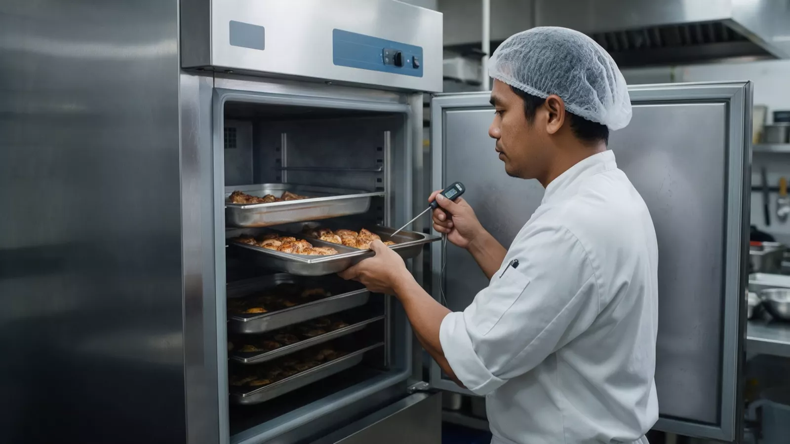 A cook loading trays of cooked food into a blast chiller, probe thermometer in hand