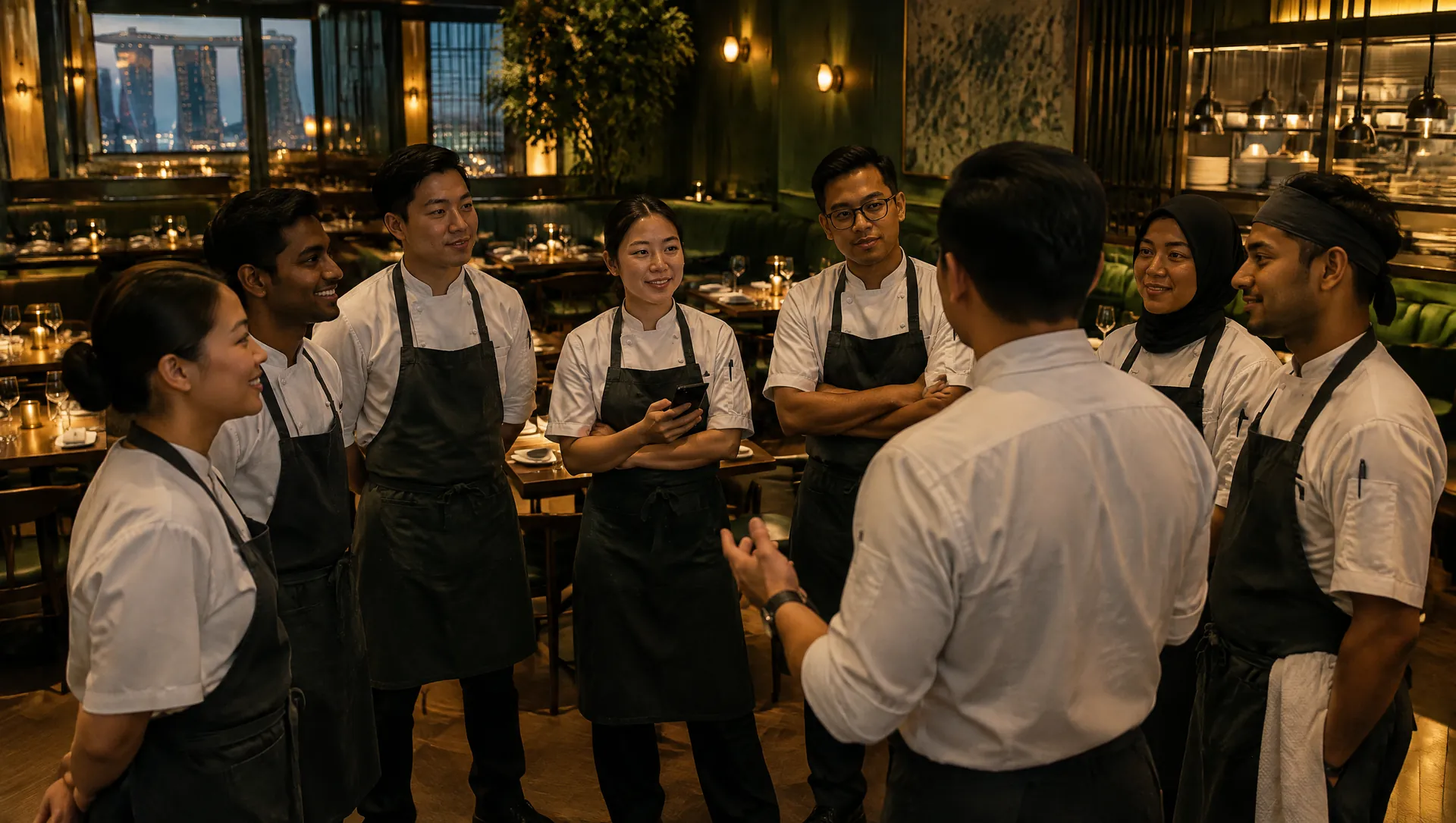 A multicultural hospitality team in a pre-service briefing before the doors open