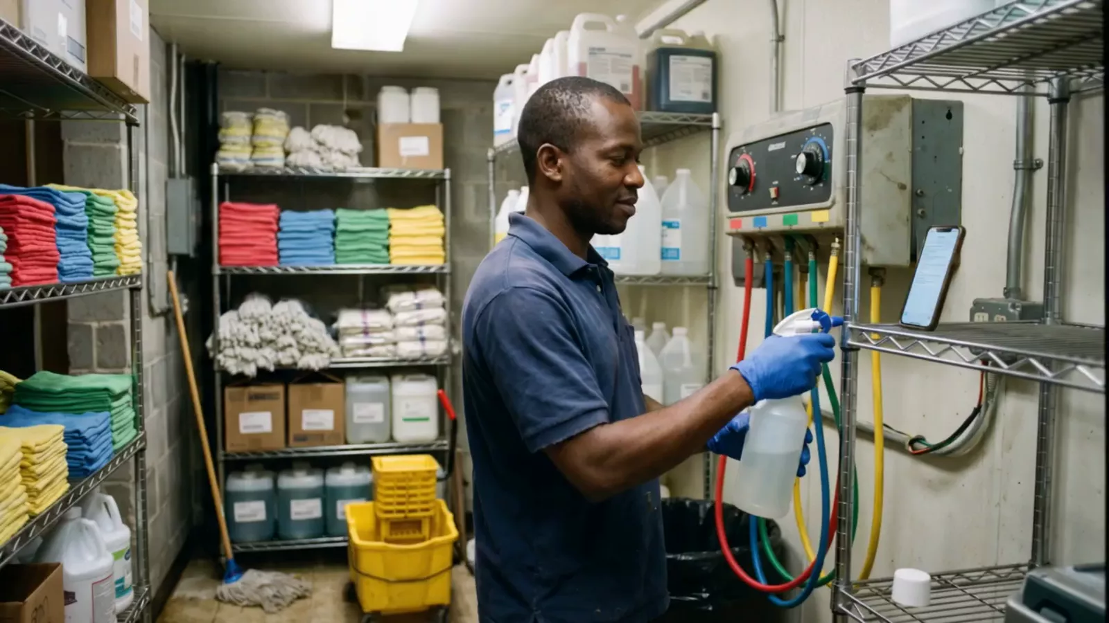 A cleaner filling a spray bottle at a wall dosing unit, a phone propped on the shelf beside him