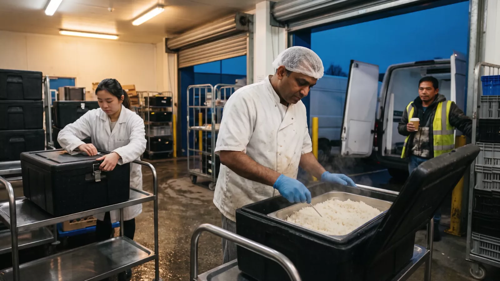 Before dawn at a central kitchen loading bay, a supervisor probes hot rice in an insulated carrier while a driver waits by the van and a packer seals the next box