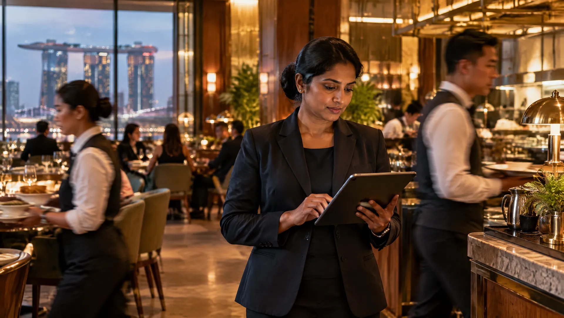 A duty manager in a dark blazer reviewing a tablet on the restaurant floor while staff move past