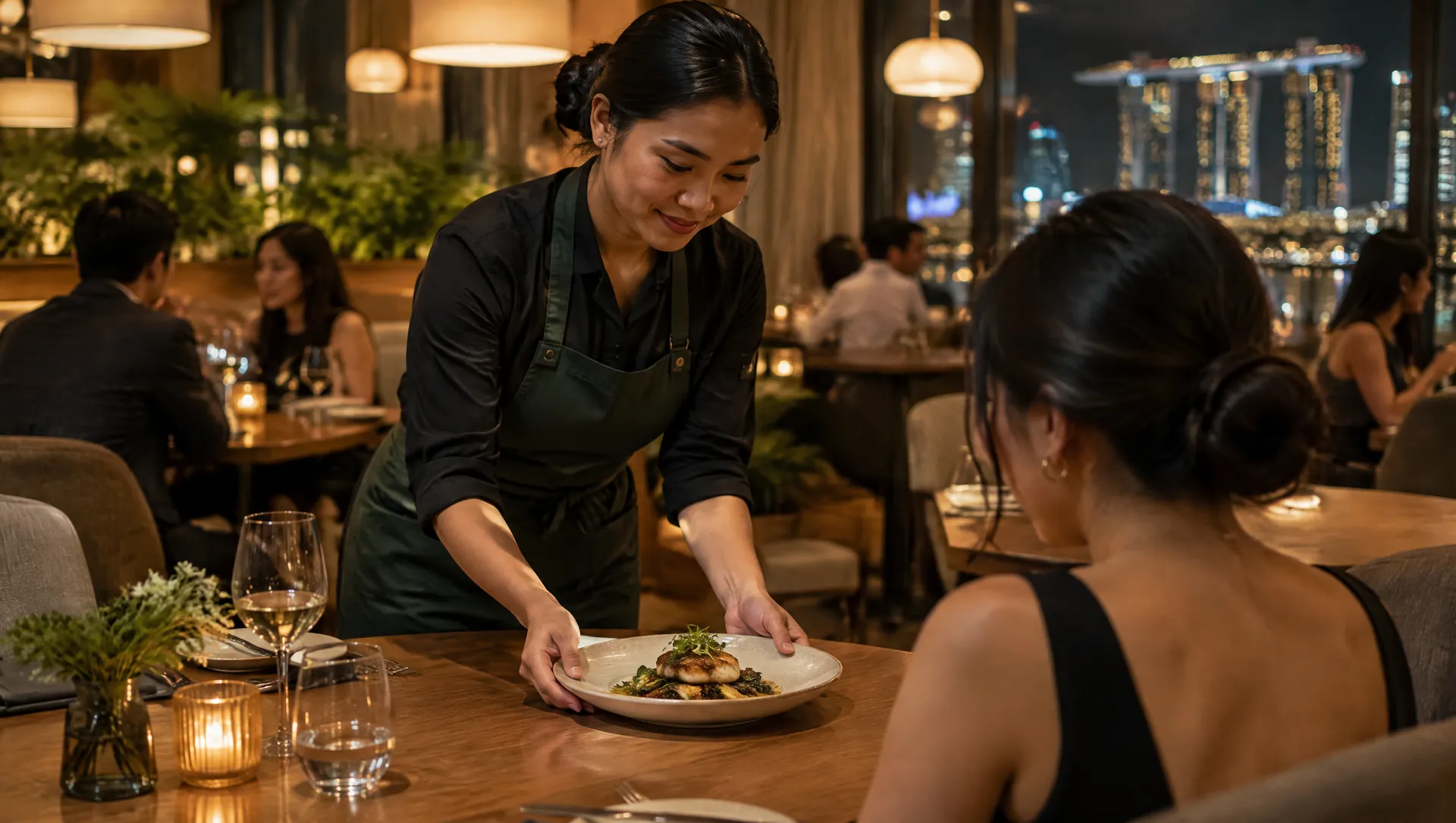 A server in a green apron setting a plate in front of a guest during evening service