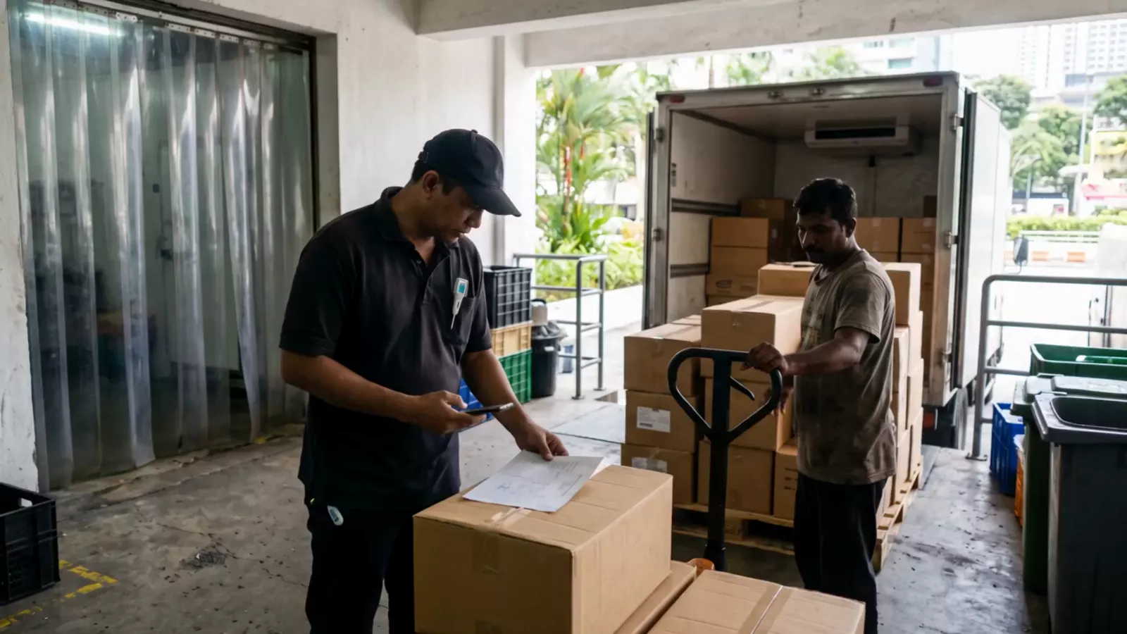 A storekeeper checking the certificate on a chilled meat delivery against his phone while the driver unloads