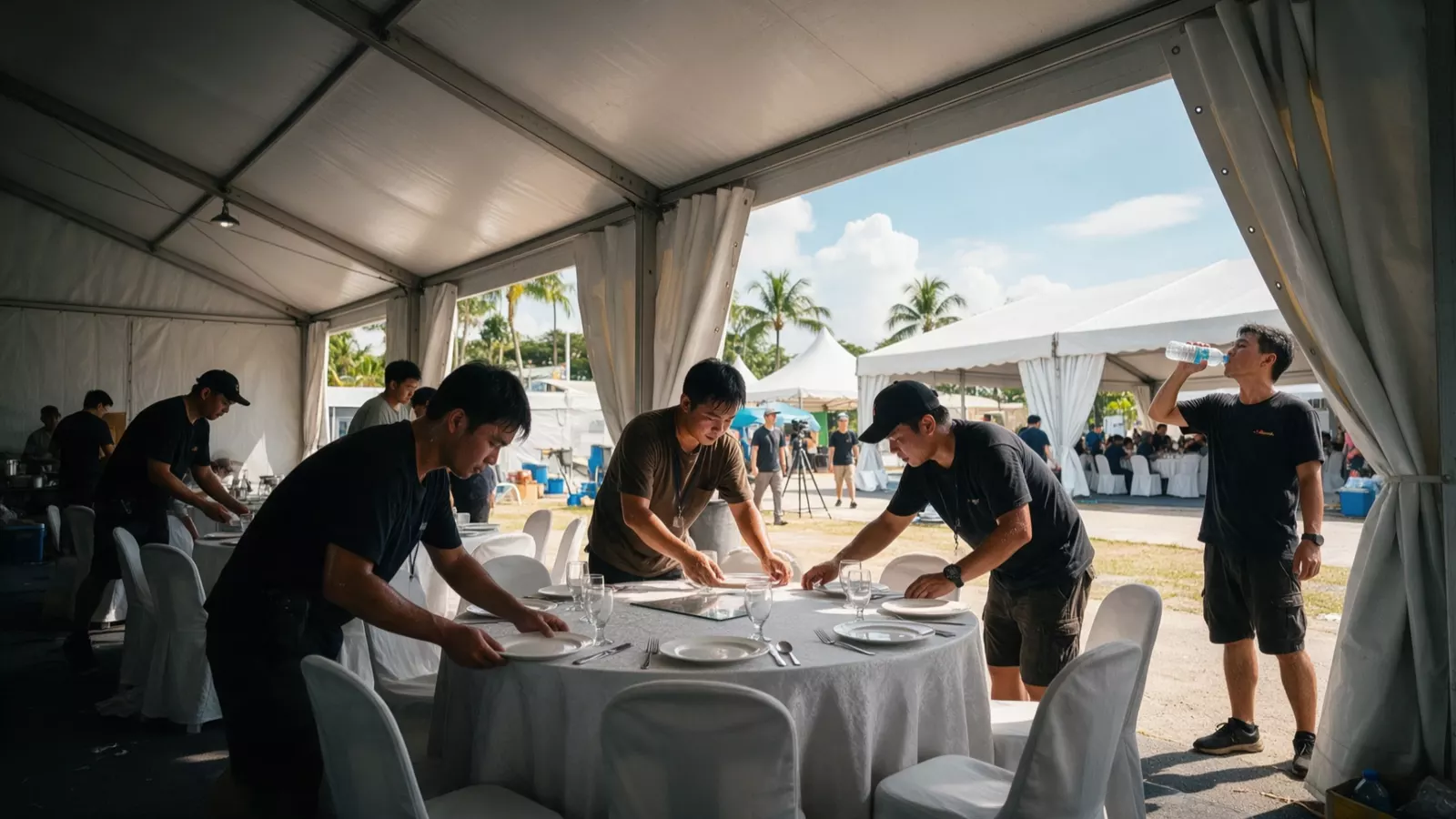 An event crew setting banquet tables under a tent on a hot afternoon, one drinking water in the shade