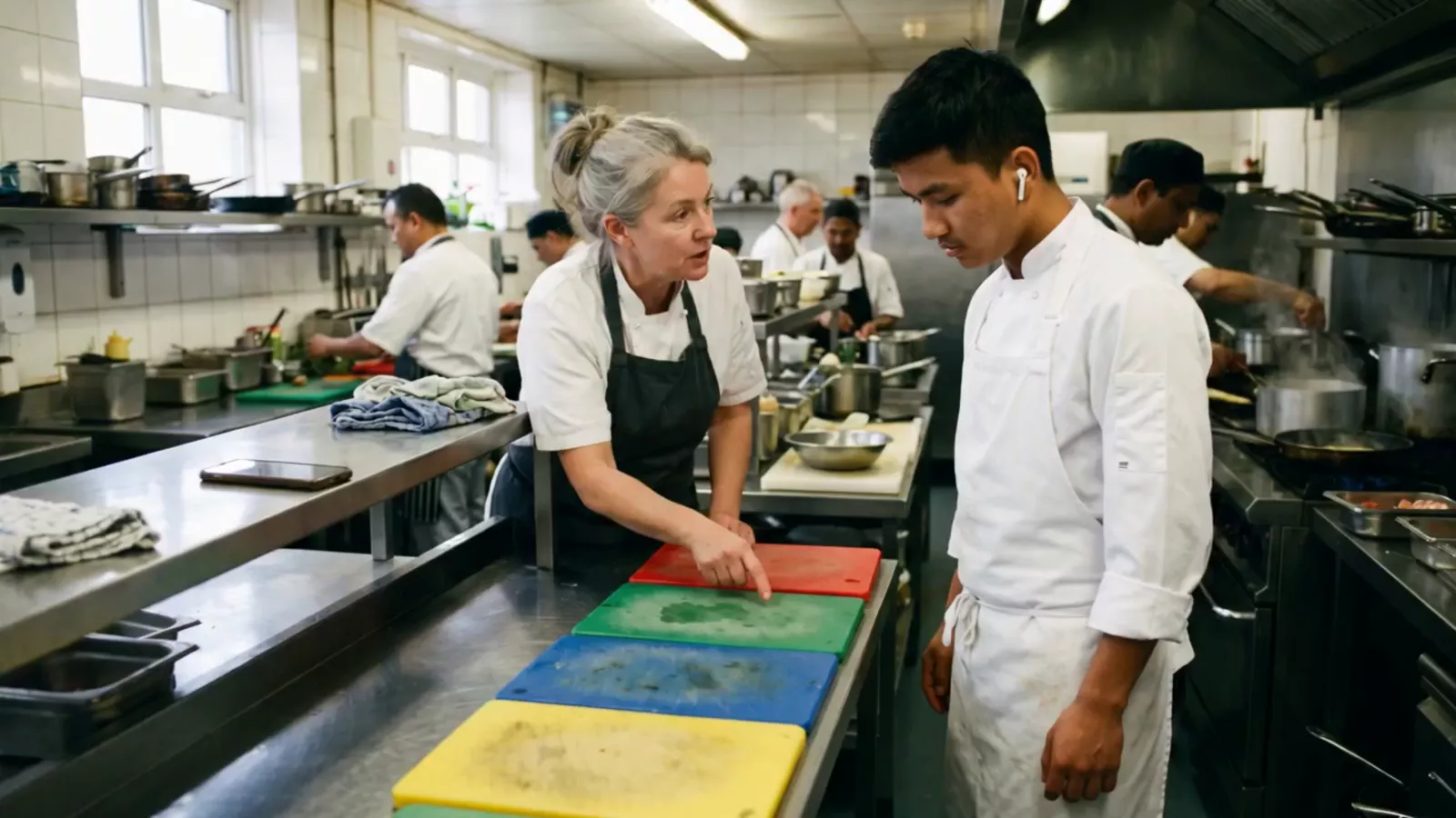 A head chef showing a new young cook, earbud in, how to use colour-coded chopping boards