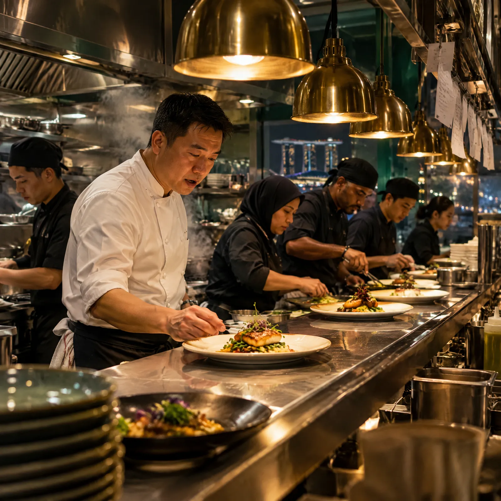 An expediter calling orders at a restaurant kitchen pass while a multicultural line team plates dishes under warm heat lamps
