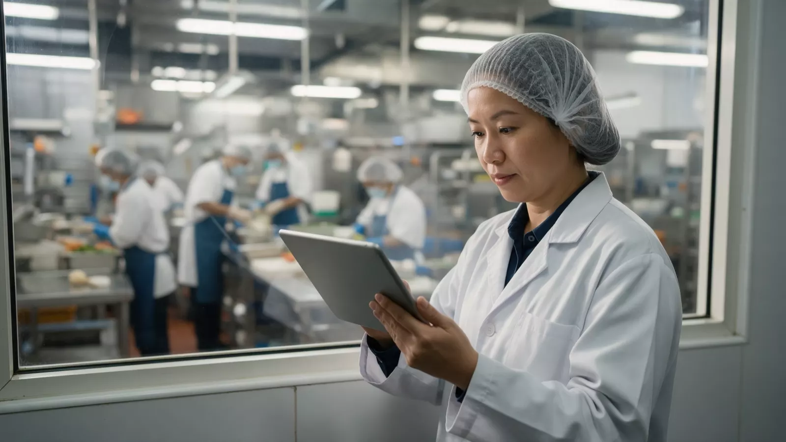 A quality manager reviewing a tablet beside the window of a busy production kitchen