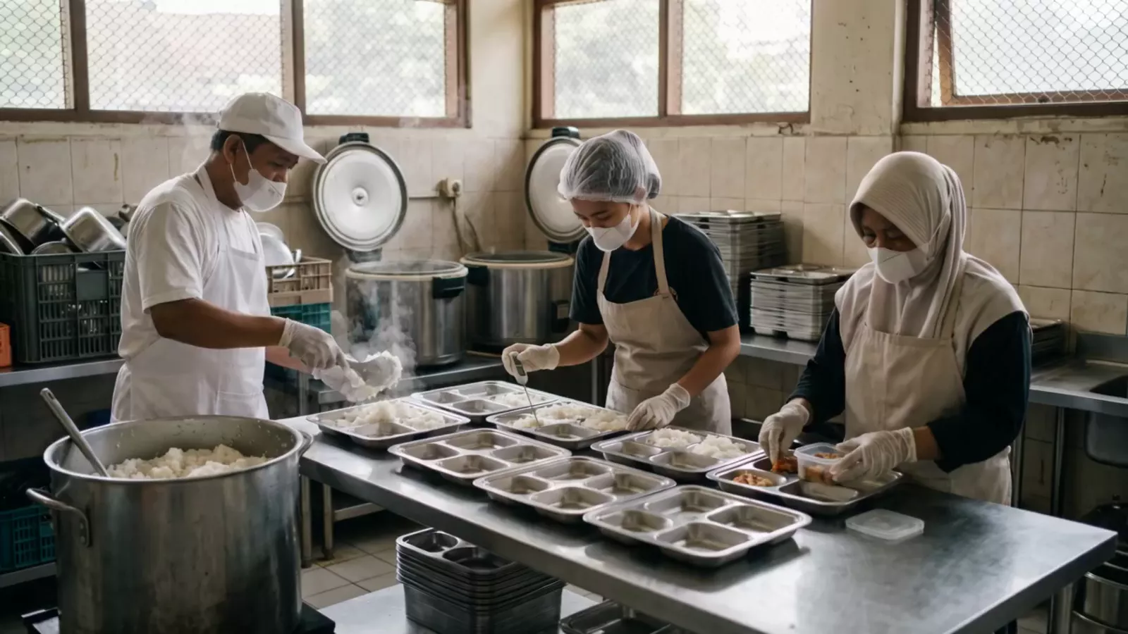 A school meals kitchen crew portioning rice into trays, probing the rice and keeping a sample portion