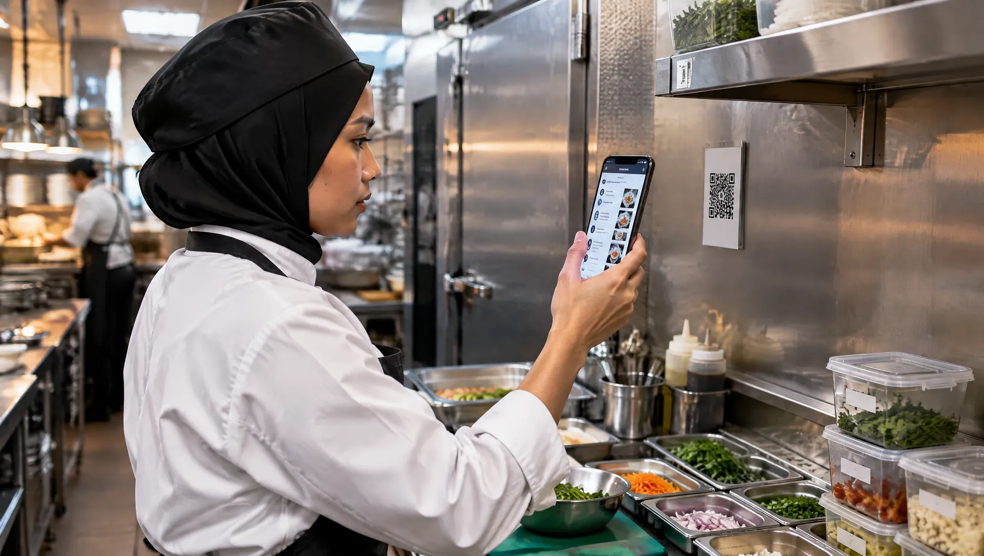 A cook scanning the QR code at her prep station with her phone before service
