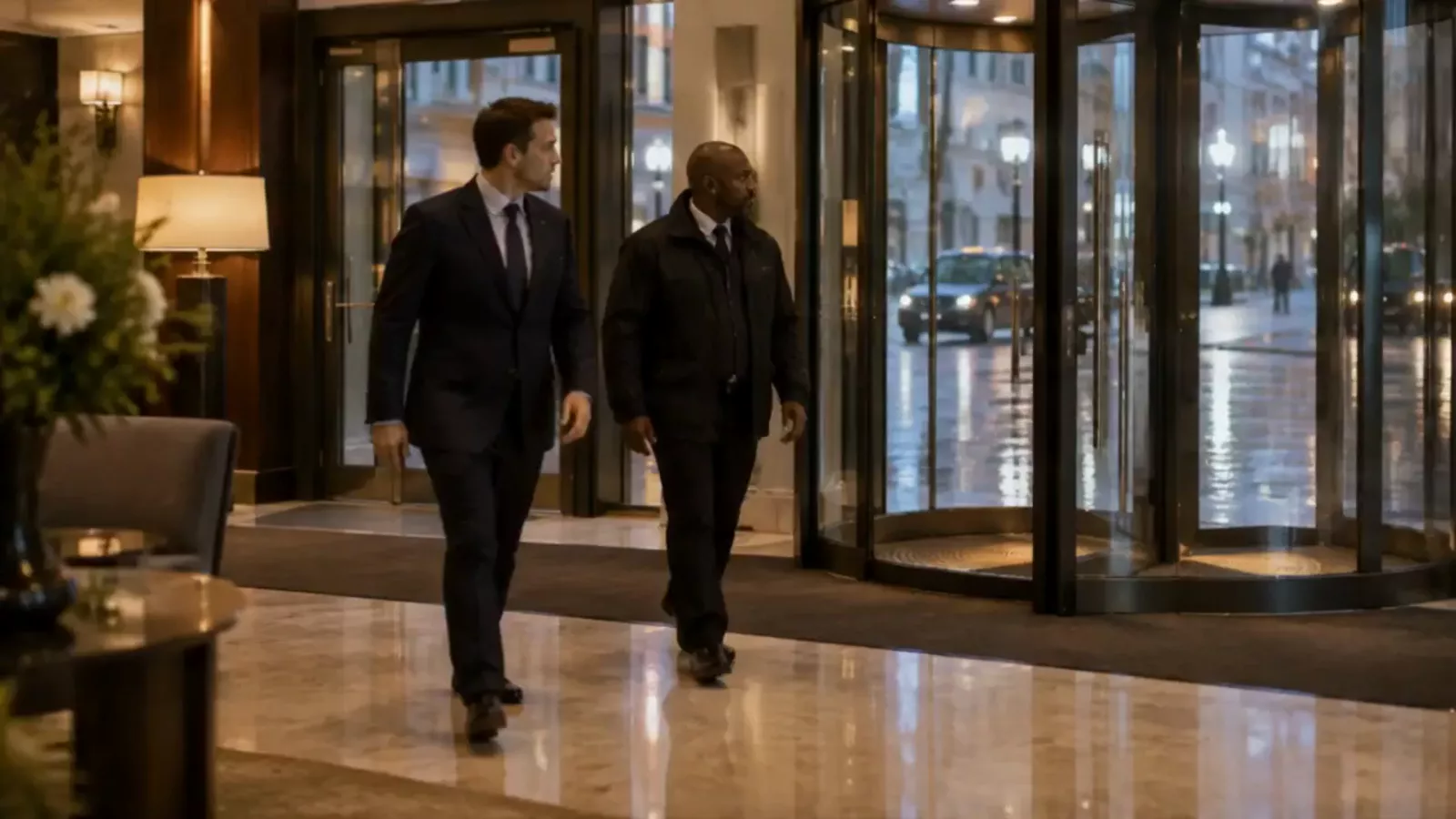 A duty manager and a security officer checking the entrance doors of a hotel lobby in the evening