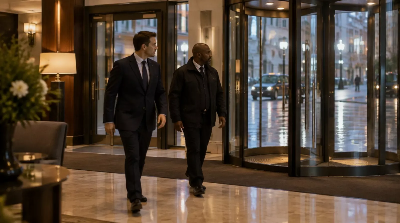 A duty manager and a security officer checking the entrance doors of a hotel lobby in the evening