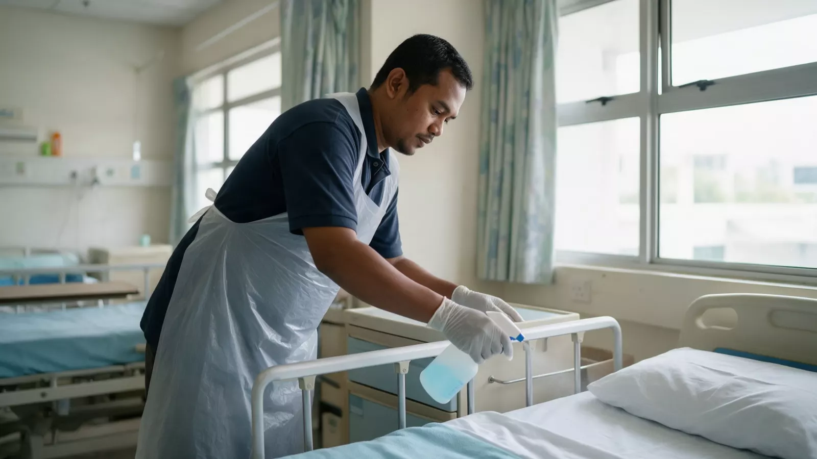 A hospital cleaner in apron and gloves disinfecting the rail of an empty ward bed
